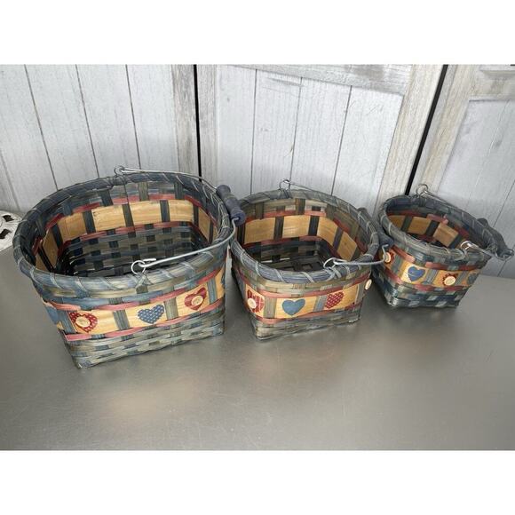 Vintage Heart Motif Wicker Basket With Handle Rustic Set Of 3 Nesting - Picture 1 of 9